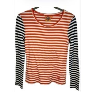 Tory Burch Orange and Black Striped Long Sleeve Tee Women’s Size S